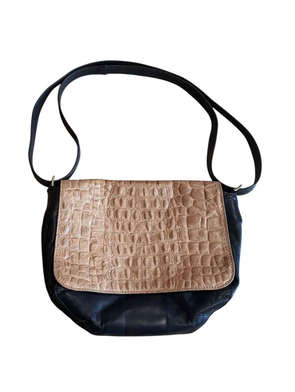 Clare V. Navy Leather Crossbody Tan Croc Foldover Flap Shoulder Bag Logo Charm